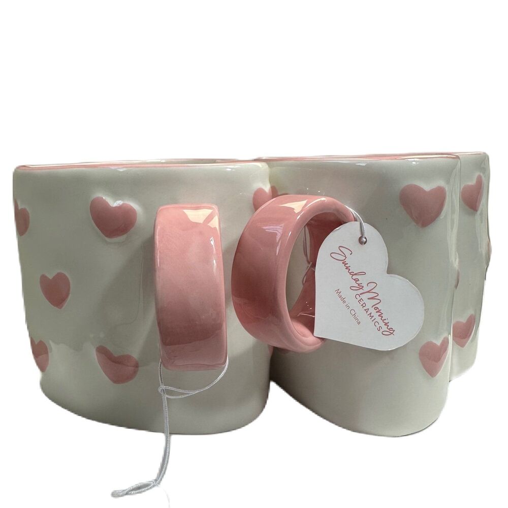 Heart Shape Pink/ White Ceramic Coffee Tea Mug, Painted by Hand 18OZ - Lot of 2 - Picture 3 of 12